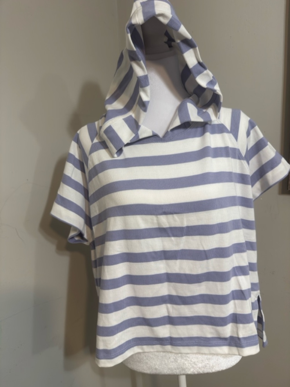 Striped Hooded Short Sleeve Top - White & Light Blue